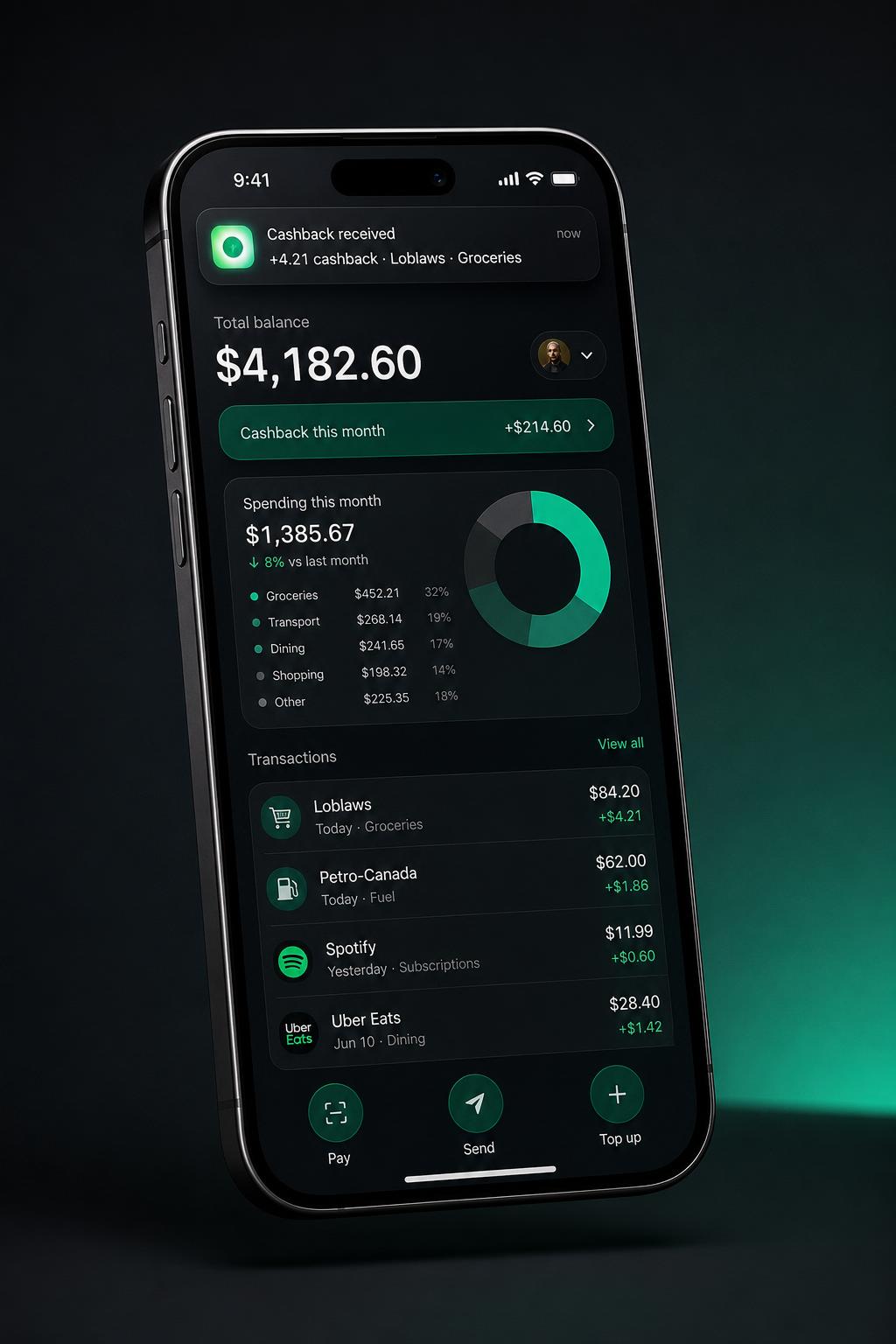 Premium modern Canadian fintech mobile banking app showing cashback, spending analytics, and transactions